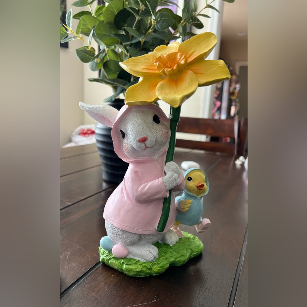 Adorable Bunny and Chick Figurine with Yellow Flower